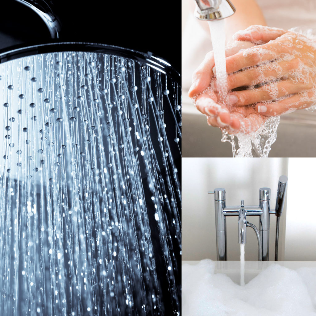 Dusjhode, hender som vaskes, vann som renner i badekar. Sammensatt bilde. Foto.