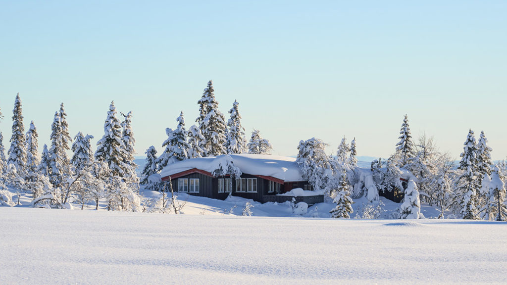Hytte i vinterlandskap. Foto.