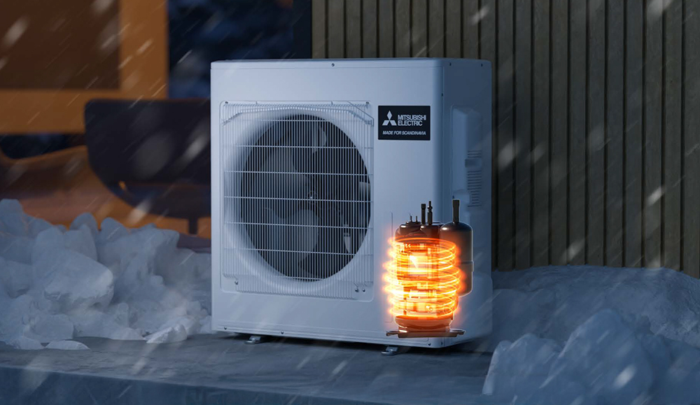 Varmepumpe med "Glødende" kompressor i snøvær. Illustrasjonsbilde.